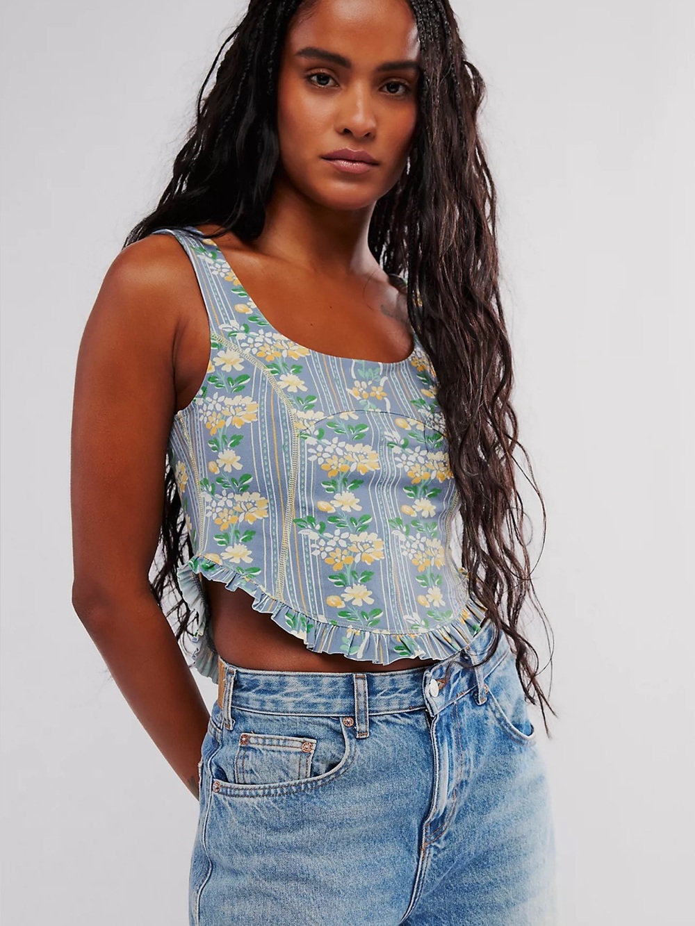 Free People Melanie Tank Top, Dusty Combo, Blue Floral Medium